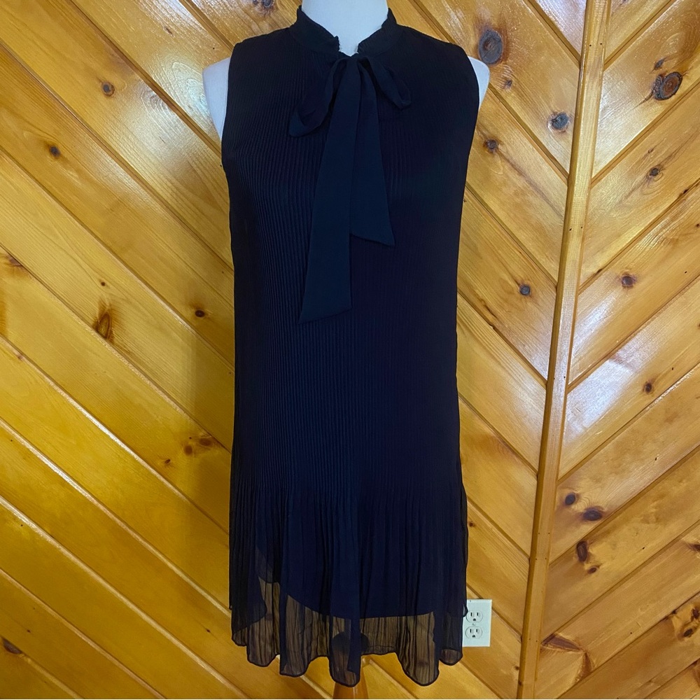 DKNY Blue Sheath Cocktail Dress High Neck Bow Pleated NEW